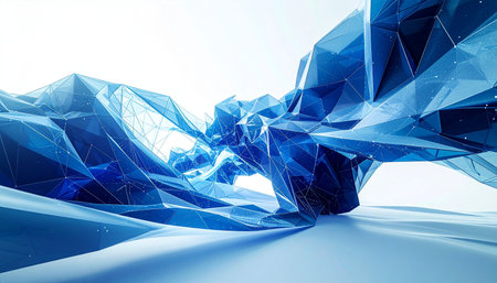 Light filters through a dynamic, abstract landscape of crumpled blue plastic, creating a modern and futuristic background. The sharp, polygonal folds and translucent texture evoke a sense of digital energy, crystalline structures, or a frozen, icy terrain.の素材