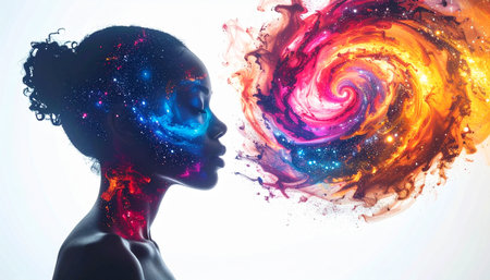 A powerful silhouette of a woman whose inner world bursts forth as a vibrant, swirling cosmic nebula. This conceptual image represents the infinite power of imagination, creativity, and the universe of ideas held within the human mind. Its a visual metaphor for creation, mindfulness, and the birth of a new thought.の素材