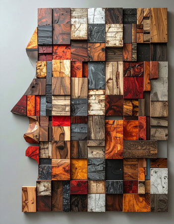 A striking modern sculpture forms a human profile from a mosaic of diverse wooden blocks. Each piece, with its unique color, grain, and history, represents the complex fragments of identity, thought, and experience that come together to create a whole individual.の素材