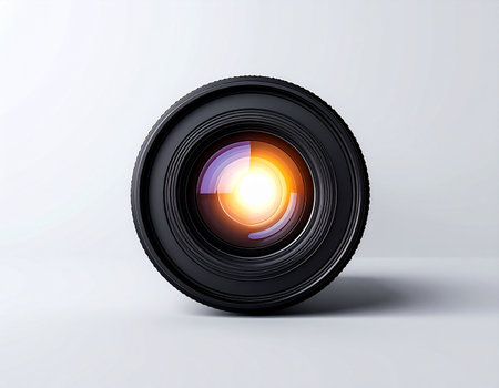 A close-up of a professional camera lens captures a brilliant golden flare, symbolizing a moment of creative insight, technological innovation, or a new perspective. Set against a clean white background, this image represents the power of vision, focus, and the art of photography.の素材