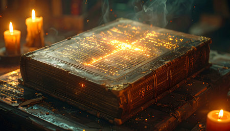 In the quiet depths of a forgotten library, an ancient grimoire awakens. Bathed in the soft glow of candlelight, its cover illuminates with arcane symbols, pulsing with forbidden knowledge and untold power, waiting for a worthy reader to unlock its secrets.の素材