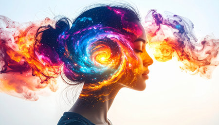 A silhouette of a woman in profile merges with the swirling colors of a vibrant galaxy. This double exposure represents the infinite universe of creativity, consciousness, and imagination held within the human mind, a visual metaphor for deep thought and spiritual awakening.の素材