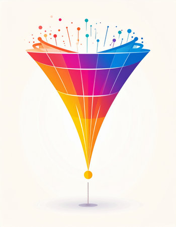 A vibrant illustration of a data funnel, where a chaotic influx of colorful information at the top is systematically filtered and processed. The journey through the structured vortex refines complexity into a single, focused point of output, symbolizing clarity, solutions, and successful analysis.の素材