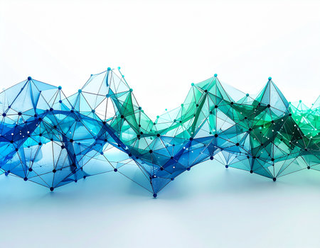 A vibrant digital wave of interconnected nodes and lines flows across a clean white background. This abstract 3D rendering in shades of blue and green visualizes complex concepts like big data, network communication, and the futuristic flow of information technology.の素材