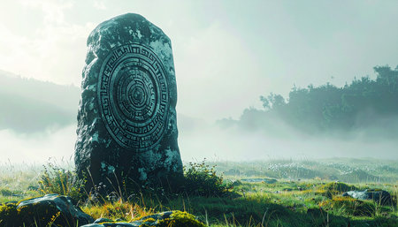 An ancient Celtic standing stone, covered in intricate carvings, stands as a silent sentinel in a field shrouded in morning mist. The soft light of dawn illuminates the mysterious monument, evoking a sense of history, magic, and forgotten legends from a bygone era.の素材