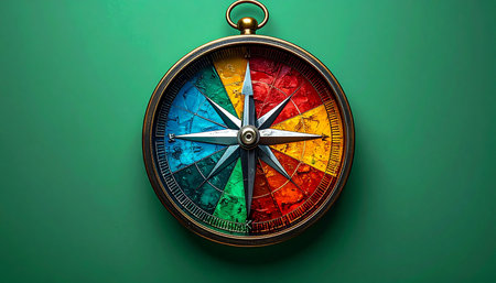 An antique compass lies on a solid green background, its face a vibrant spectrum of colors instead of traditional markings. This conceptual image represents navigating diverse choices, creative direction, and finding a unique path in business, life, or strategy.の素材