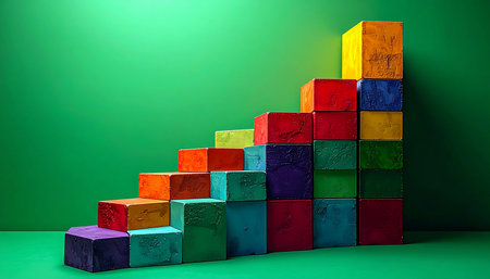 Vibrant, multi-colored blocks are stacked in an ascending staircase, symbolizing steady growth and progress. Each step represents a milestone achieved on the path to success, making it a powerful visual for business development, financial improvement, or personal achievement.の素材