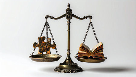 A classic set of brass scales of justice carefully weighs an open book against a complex jigsaw puzzle piece. This powerful conceptual image represents the delicate balance between established law and knowledge versus the intricate details and missing evidence of a case, symbolizing the search for truth and fairness in the legal system.の素材