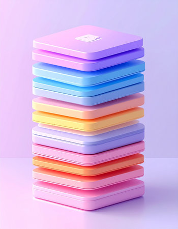 A perfectly ordered stack of pastel containers stands against a soft lavender background. Each colorful case represents a different task, day, or idea, neatly organized into a harmonious and aesthetically pleasing system, symbolizing clarity, planning, and calm efficiency.の素材
