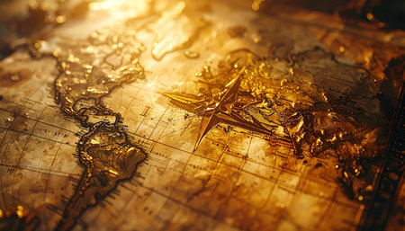 A warm, golden light illuminates an ancient, textured world map, highlighting the Americas and a compass rose. This image evokes the spirit of adventure and the golden age of exploration, perfect for concepts of discovery, history, and global journeys.の素材