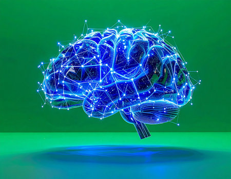 A glowing digital brain pulsates with information, its intricate neural network representing the dawn of artificial intelligence. This image visualizes concepts of machine learning, big data processing, and the future of technological innovation and consciousness.の素材