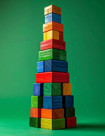 A tall, precarious tower of colorful, vintage wooden blocks stands against a vibrant green background. Each block represents a step in a process of growth, learning, and achievement, while the slight lean of the structure introduces a sense of risk, instability, and the delicate balance required for success.の素材