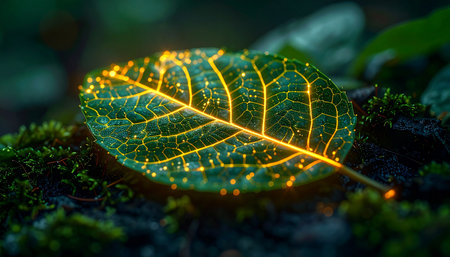 In a dark, enchanted forest, a single leaf lies on a bed of moss, its veins glowing with the golden light of a digital network. This image captures the seamless fusion of nature and technology, symbolizing concepts like green energy, data flow through a natural ecosystem, and the future of biotechnology and sustainable innovation.の素材
