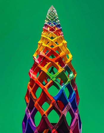 A vibrant, multicolored spire rises against a stark green background. Its intricate lattice structure, a complex web of interlocking geometric shapes, symbolizes growth, interconnectedness, and the beauty of complex systems. This abstract form represents concepts of innovation, digital architecture, and creative engineering.の素材