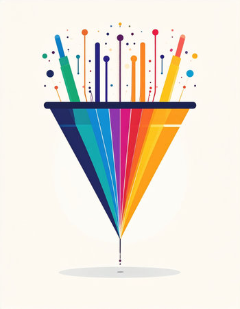 An abstract illustration depicting the process of transformation. Raw data, ideas, and creative energy are channeled through a vibrant, colorful funnel, emerging as a structured and unified spectrum. This concept represents innovation, data analysis, and the synthesis of complex information.の素材