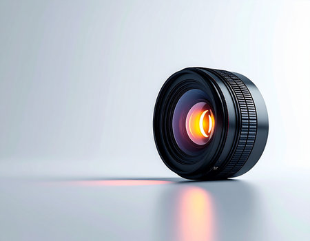 A single camera lens rests on a clean, reflective surface, its inner optics glowing with a warm, creative light. This image represents the spark of an idea, technological innovation, and the power of a clear vision, perfect for concepts related to photography, filmmaking, artificial intelligence, and futuristic technology.の素材