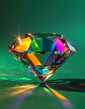 A perfectly cut diamond rests on a smooth, emerald-green surface, capturing and refracting light into a dazzling spectrum of rainbow colors. A brilliant starburst gleams from one facet, symbolizing clarity, value, and the multifaceted nature of beauty and success.の素材