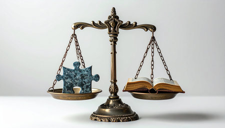 The scales of justice hold a delicate equilibrium. On one side, the established text of the law, represented by an open book. On the other, the fragmented and complex pieces of a case or problem, symbolized by a jigsaw puzzle. This conceptual image represents the challenge of applying legal principles to the intricate details of evidence to find a fair and just outcome.の素材