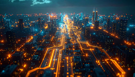 From a high vantage point, a futuristic metropolis pulses with life as streams of glowing orange and blue data flow through its streets like digital arteries. This is the smart city of tomorrow, a vibrant hub of innovation, connectivity, and ceaseless energy, where technology and urban life merge into a spectacular nocturnal vision.の素材