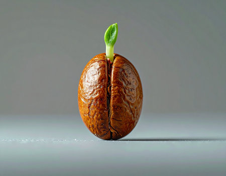 From a single, dormant seed, a vibrant green sprout emerges, pushing upward against a simple gray backdrop. This powerful macro image captures the very first moment of a new beginning, symbolizing hope, potential, and the start of a great idea or venture.の素材