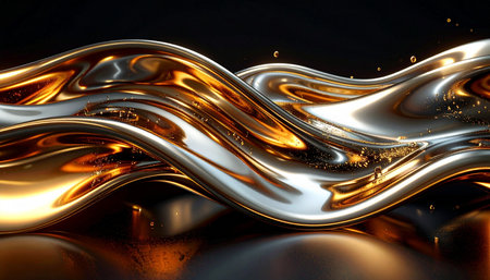 A mesmerizing wave of molten gold and liquid chrome flows gracefully against a dark backdrop. This dynamic and luxurious abstract form captures the essence of modern elegance and technological innovation, perfect for a sophisticated and powerful visual statement.の素材