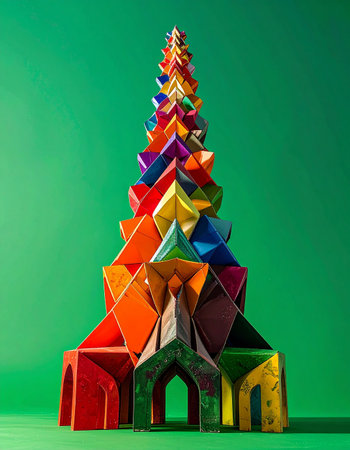 A fantastical, multi-colored tower rises against a vibrant green backdrop, a testament to creative ambition and playful engineering. Each geometric block contributes to a complex, aspiring structure that evokes a sense of imagination, growth, and building towards a brilliant future.の素材