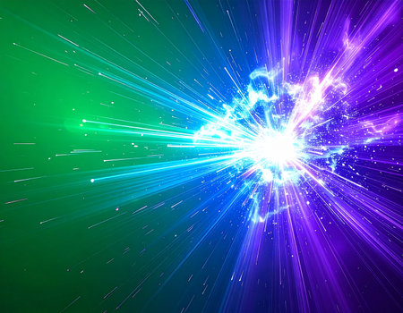 A brilliant burst of energy erupts from a central point, sending vibrant streams of green, blue, and purple light across the cosmos. This abstract visualization captures a moment of intense creation, perfect for concepts of technological breakthrough, scientific discovery, or the explosive power of a new idea.の素材