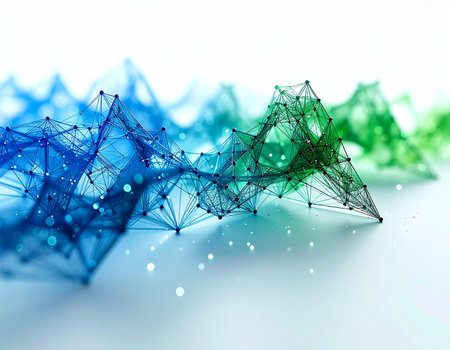 A vibrant digital landscape visualizes the complex flow of big data. Interconnected nodes and lines form a network of information, representing concepts like technological innovation, global communication, and the future of artificial intelligence.の素材