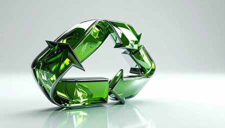 A gleaming green glass recycling symbol stands as a beacon of hope on a clean, reflective surface. This 3D rendering represents a commitment to a sustainable future, circular economies, and responsible environmental stewardship, symbolizing innovation in conservation.の素材