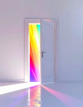 In a minimalist white room, a door stands slightly ajar, revealing not another space but an explosion of vibrant rainbow light. This brilliant spectrum spills onto the polished floor, casting a colorful path towards an unknown, hopeful future, symbolizing a portal to new possibilities, creativity, and optimistic beginnings.の素材