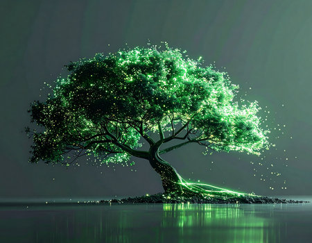 A solitary tree pulses with vibrant green energy, its roots and branches forming a luminous network of data. Reflected in the still water below, this digital tree of life symbolizes the intersection of nature and technology, representing concepts of sustainable growth, innovation, and the flow of information in a futuristic world.の素材