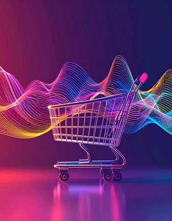 An empty shopping cart stands ready against a backdrop of vibrant, flowing data waves. This image represents the dynamic and energetic future of digital commerce, online marketplaces, and the seamless integration of technology into the consumer experience.の素材