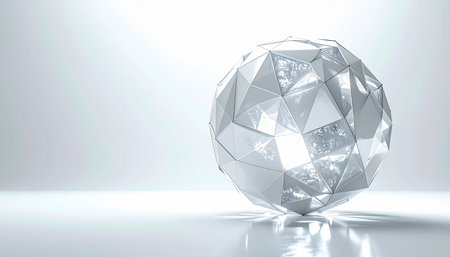 A perfectly formed crystal sphere, composed of countless geometric facets, rests on a reflective surface. It catches and refracts the bright, clean light, symbolizing clarity, precision, and the complex beauty of modern technology and innovation.の素材