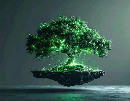 A solitary tree, illuminated by a vibrant green digital glow, floats weightlessly on a fragment of earth. This surreal image represents the intersection of nature and technology, symbolizing concepts like digital growth, sustainable innovation, and the future of our planets data ecosystem.の素材