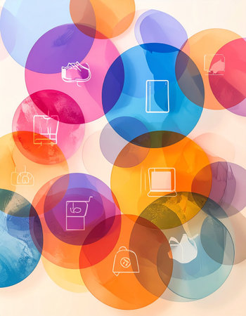 A vibrant and dynamic representation of the modern digital marketplace. Overlapping circles of color symbolize the interconnectedness of technology, e-commerce, and consumer choices, with icons illustrating the variety of products available at our fingertips.の素材