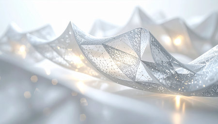 A luminous digital landscape unfolds in waves of crystalline, geometric structures. Glowing nodes of light pulse through the network, symbolizing the seamless flow of data, innovation, and futuristic communication in a clean, sophisticated environment.の素材