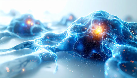 A microscopic landscape of vibrant blue cells, each with a glowing core of energy. This abstract visualization represents a breakthrough in scientific research, symbolizing innovation, the future of medicine, and the intricate processes of life at a cellular level.の素材