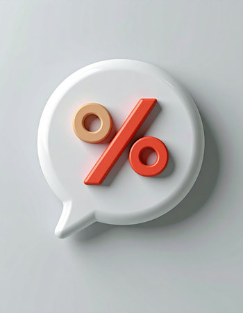 A 3D percentage symbol emerges from a clean white speech bubble, representing a financial announcement. This minimalist icon is perfect for concepts related to sales, discounts, interest rates, or economic news, symbolizing a clear and direct message about numbers and value.の素材