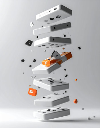 A stack of white dominoes is frozen in a moment of chaotic explosion, suspended against a clean background. In the center, a single unique orange domino acts as the catalyst for this disruption, symbolizing a moment of breakthrough innovation, a disruptive idea, or the powerful effect of a single change in a complex system. This 3D rendering captures the concepts of cause and effect, risk, and strategic change.の素材