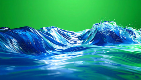 Crystal clear blue water surges and crests in dynamic waves against a vibrant green screen background. This realistic 3D rendering is perfect for compositing, special effects, or projects needing a clean, powerful visual of natures energy in a customizable setting.の素材