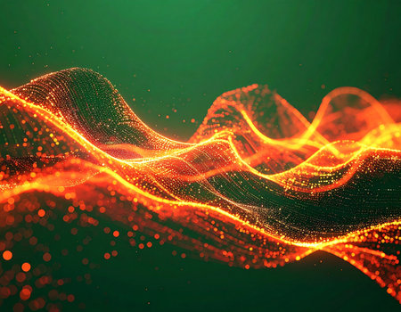 A vibrant stream of glowing orange particles flows like a digital river through a deep green cyberspace. This dynamic wave represents the constant flow of data, energy, and information in a futuristic world, symbolizing innovation, connection, and the pulse of modern technology.の素材