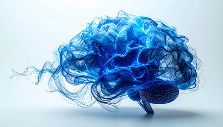 A brain composed of pure blue energy materializes in a flash of insight. Electric synapses fire across its surface, illustrating the birth of a new idea, the processing of complex data, and the limitless potential of artificial intelligence and human consciousness.の素材