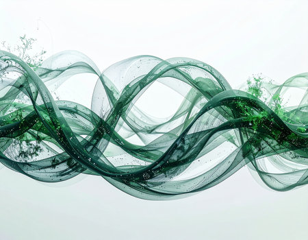 A delicate, translucent green ribbon undulates gracefully across a clean white canvas, evoking a sense of serene energy and organic flow. This elegant abstract form suggests concepts from natural currents to digital data streams, perfect for themes of technology, wellness, and modern sophistication.の素材