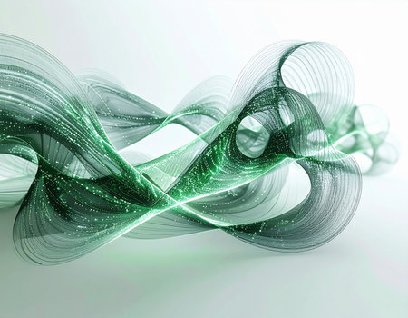 A swirling vortex of green and white light ribbons twists and flows through a clean, white space. This dynamic abstract form evokes concepts of digital data transfer, futuristic technology, and the elegant complexity of information networks, representing innovation and progress.の素材