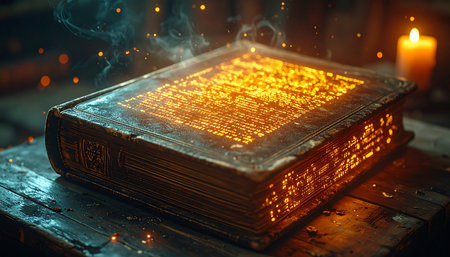 In a dimly lit chamber, an ancient tome rests upon a wooden table, its pages radiating a powerful golden light. Arcane symbols and glowing runes pulse with forgotten magic, releasing wisps of smoke and shimmering sparks, hinting at the profound secrets and forbidden knowledge held within its bindings.の素材