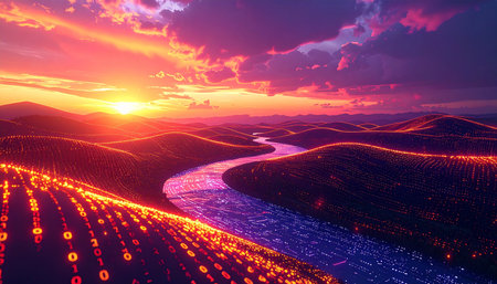 As the sun sets on a vibrant, digital horizon, a river of pure data flows through a surreal landscape. This image represents the seamless integration of technology and nature, symbolizing concepts of digital transformation, the flow of information, and the dawn of a new technological era.の素材