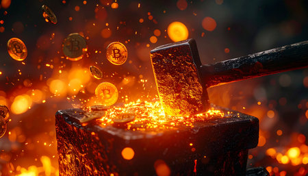 A powerful blacksmiths hammer strikes a glowing hot anvil, sending a shower of sparks and newly minted Bitcoin into the air. This dynamic scene metaphorically represents the creation of cryptocurrency, the concept of digital mining, and the forging of a new financial future through blockchain technology.の素材