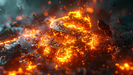 A cataclysmic explosion rips through the darkness, sending a swirling vortex of molten rock and fiery debris into the air. This powerful and chaotic scene captures the raw energy of creation and destruction, perfect for illustrating concepts of immense power, disaster, or cosmic events.の素材