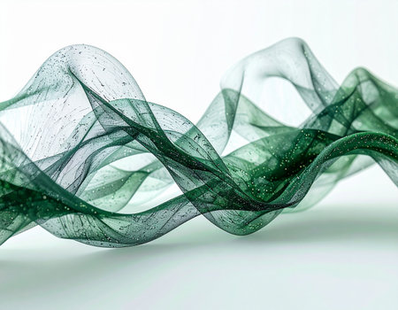 Delicate, translucent green waves ripple across a clean white background, evoking a sense of calm energy and fluid motion. This elegant abstract design suggests concepts of digital innovation, scientific discovery, or the gentle rhythms of nature, making it a versatile backdrop for technology, wellness, or environmental themes.の素材