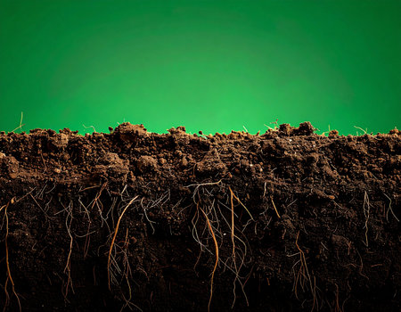 A detailed cross-section reveals the hidden world beneath the surface, where a complex network of roots anchors life in the rich, dark earth. Set against a vibrant green background, this image symbolizes growth, foundation, and the unseen processes that sustain our environment.の素材